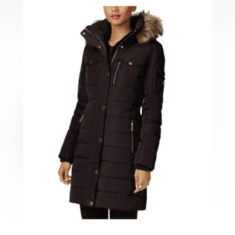 Michael Michael Kors Womens Hooded Puffer Coat Chocolate Brown 3/4 Down XXL